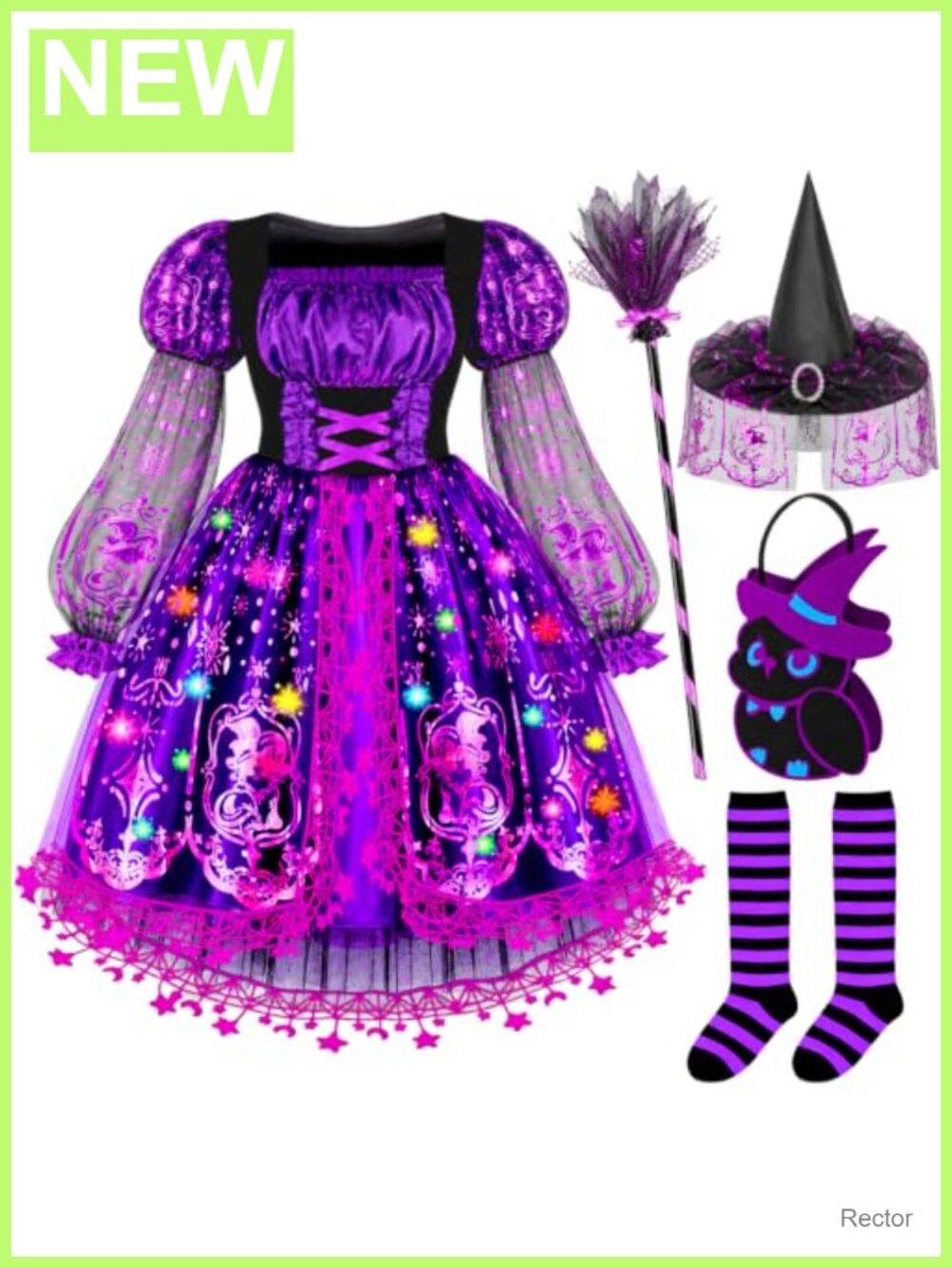 Girls Light Up Witch Costume Set with Hat Broom Owl Bag Size 3-10